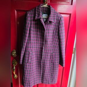 Large Marvin Richards Women's Purple Long Houndstooth Winter Coat Wool Nylon